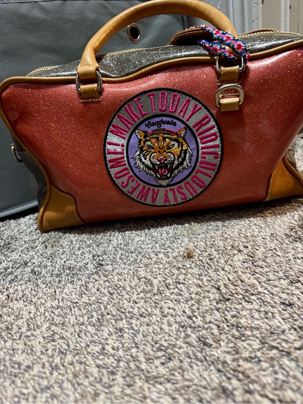 Consuela Glitter Pink Tiger Patch Travel Satchel with Tan Trim